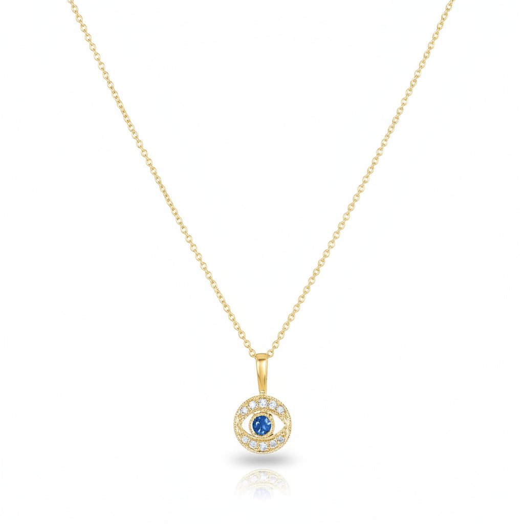 Diamond evil eye pendant showcasing cushion-cut sapphire and pave diamond frame in white gold by Alef Bet