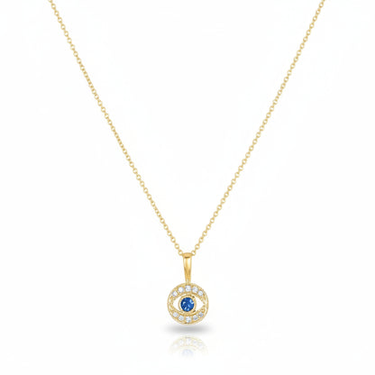 Diamond evil eye pendant showcasing cushion-cut sapphire and pave diamond frame in white gold by Alef Bet