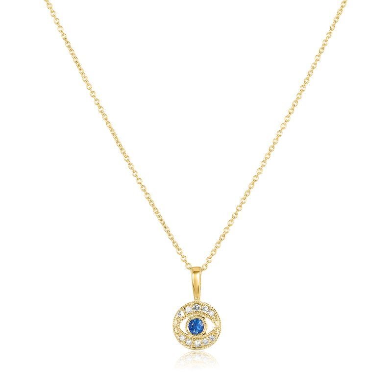 Evil eye pendant in 18K yellow gold with pave diamonds and sapphire center by Alef Bet