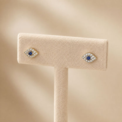 Evil Eye Diamond and CZ Stud Earrings in 14k Gold Plated Sterling Silver 925, protection made beautiful every day