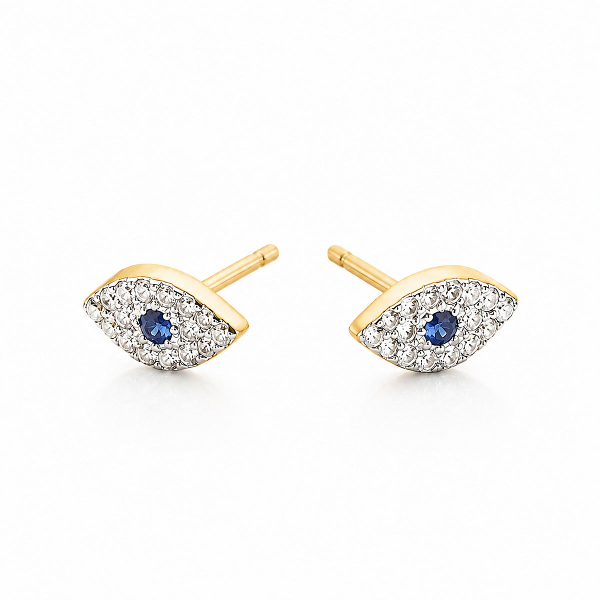 Evil eye stud earrings in 14k gold with pave-set diamonds and sapphires by Alef Bet