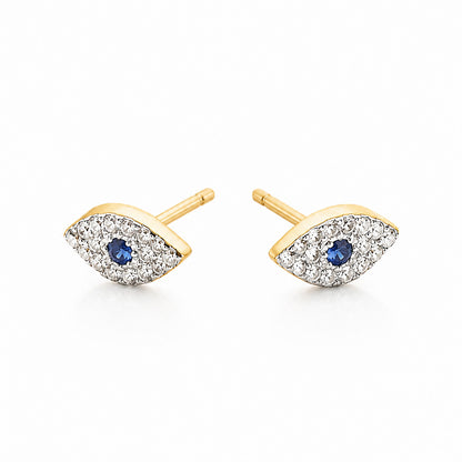 Evil eye stud earrings in 14k gold with pave-set diamonds and sapphires by Alef Bet