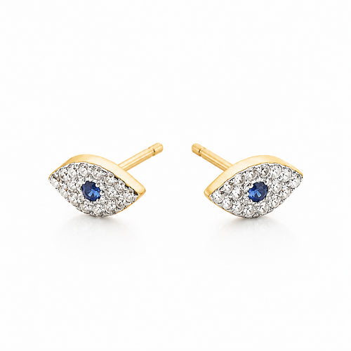 Evil eye stud earrings in 14k gold with pave-set diamonds and sapphires by Alef Bet