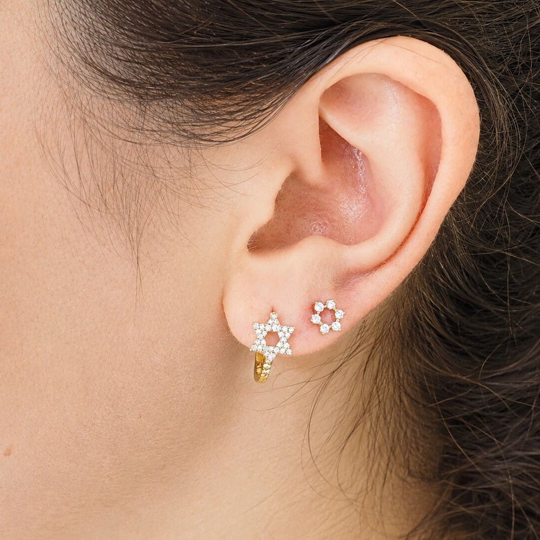 Diamond Star of David Huggie Earrings in 14k Yellow Gold, effortlessly elegant every day