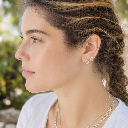 Diamond Stud Chai Earrings in 14k Yellow Gold, brilliance you will wear every day
