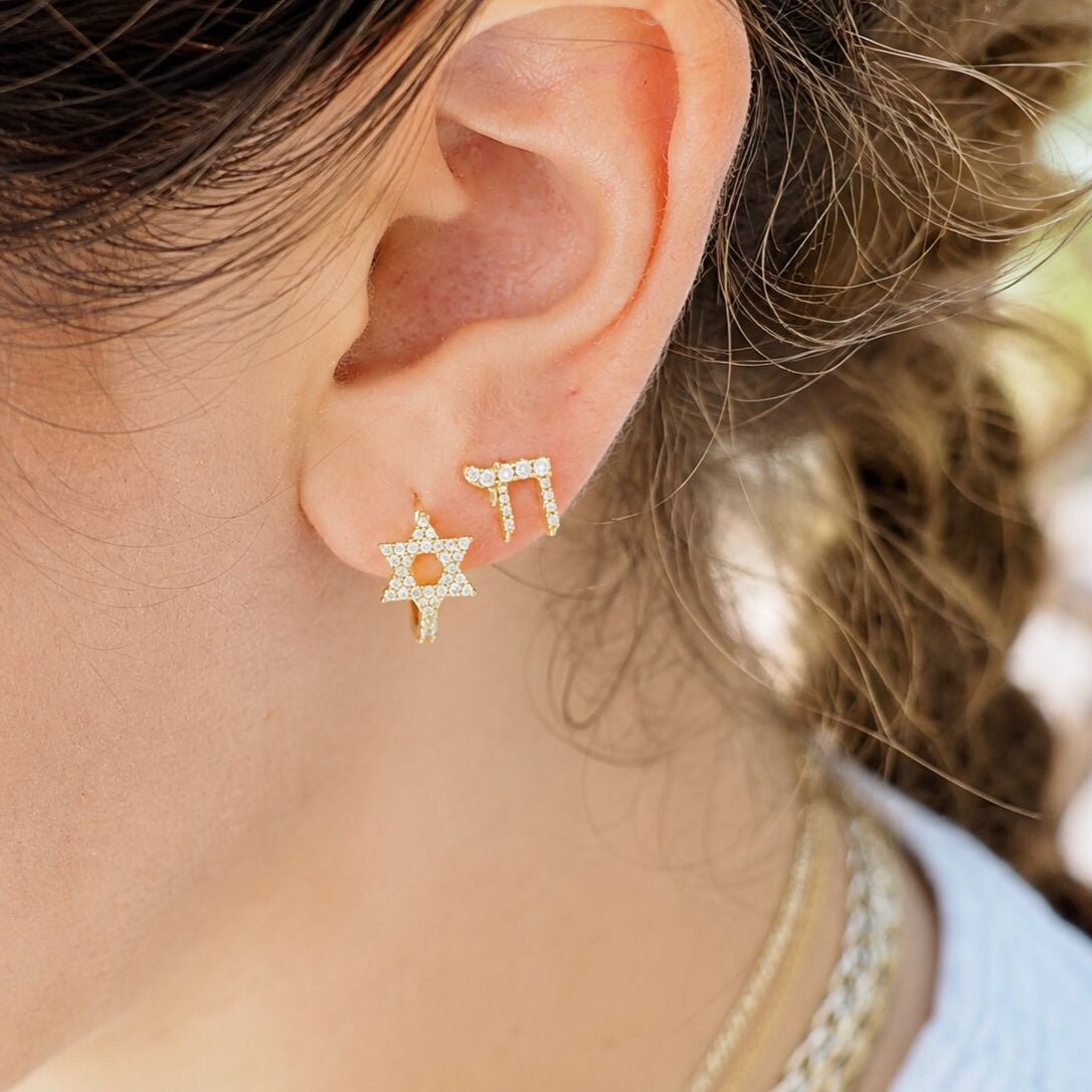 Diamond Stud Chai Earrings in 14k Yellow Gold, brilliance you will wear every day