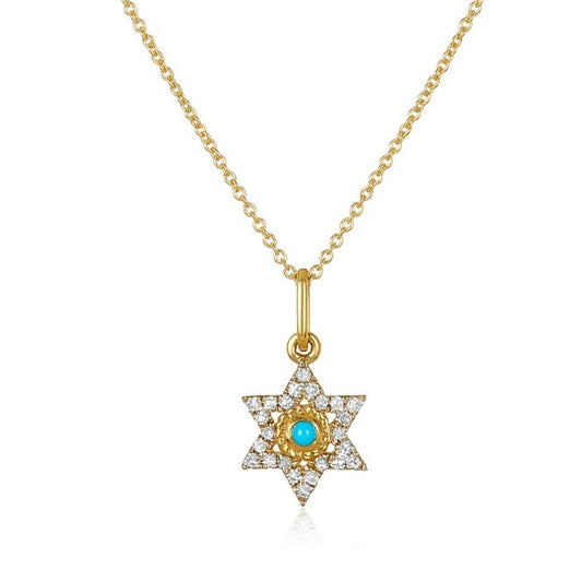 Diamonds and Turquoise Jewish Star Necklace