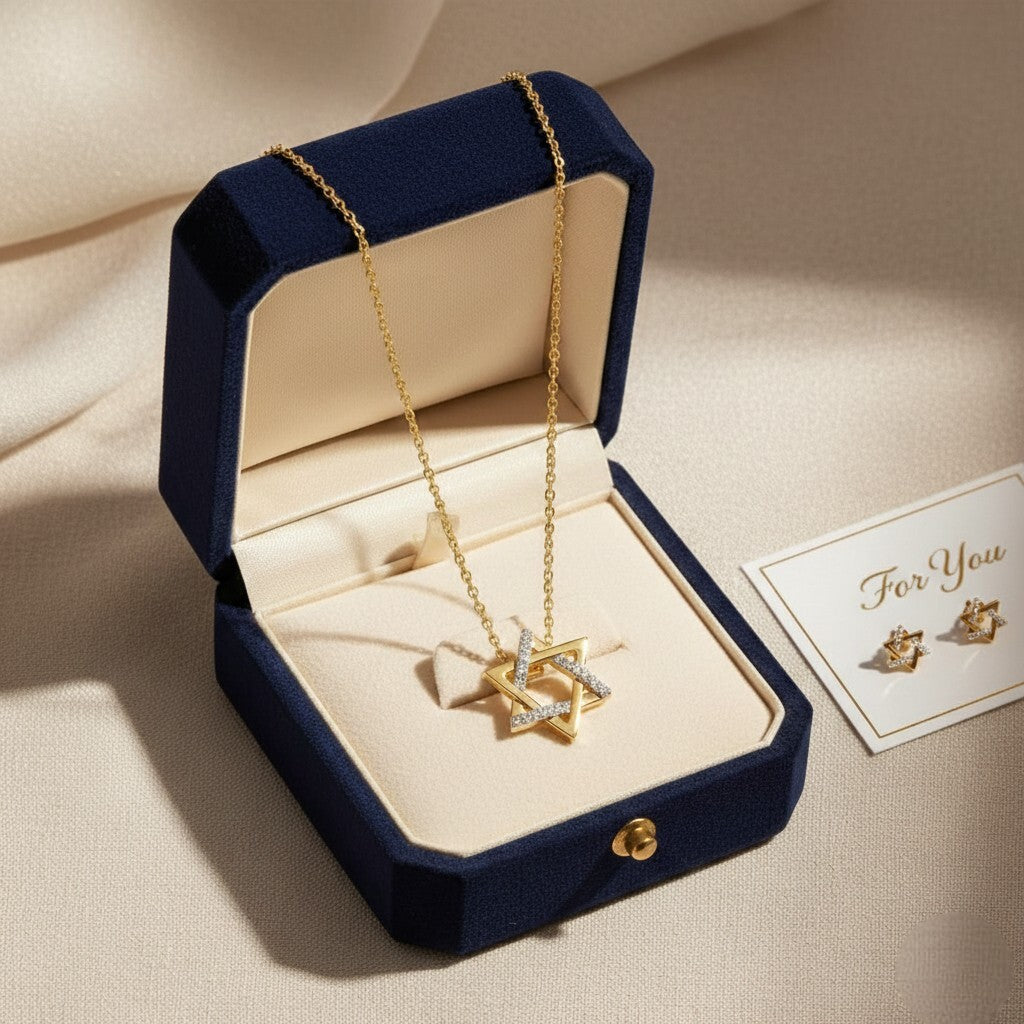 Double Diamond and 14k Gold Star of David Necklace