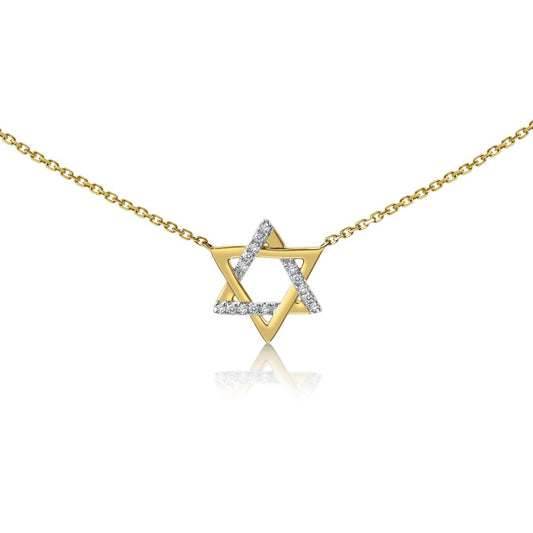 Double Diamond and 14k Gold Star of David Necklace