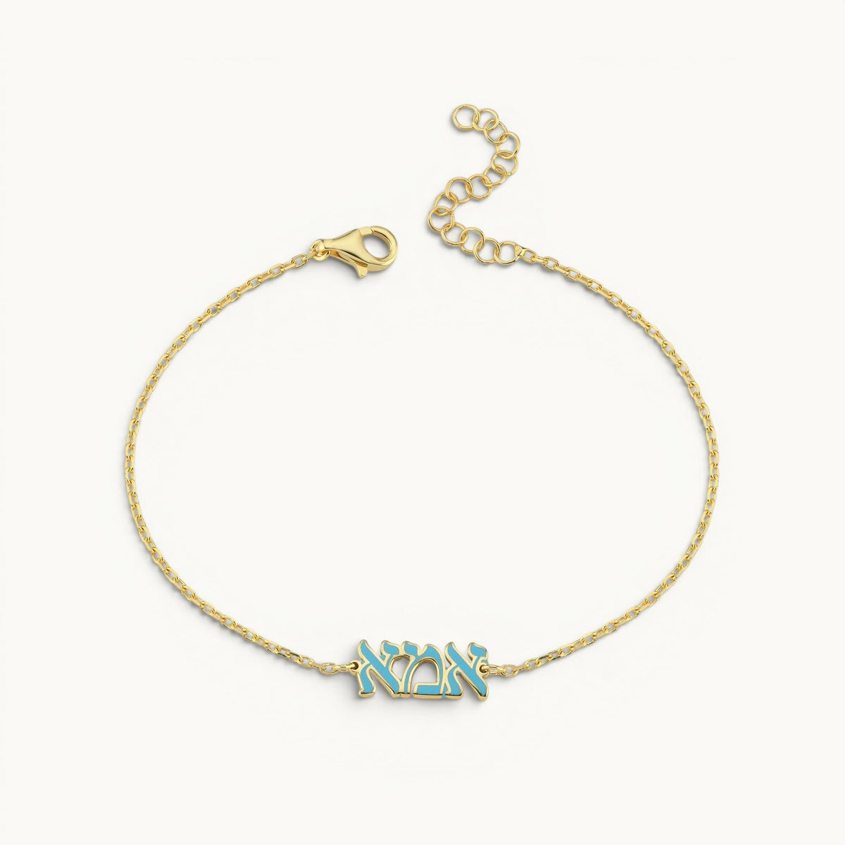 Ema mom Hebrew charm bracelet in gold-plated with turquoise enamel by Alef Bet
