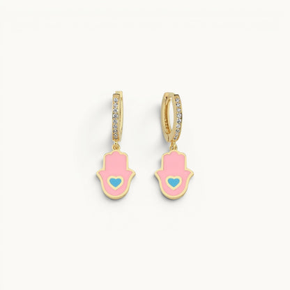Hamsa huggie earrings in pink enamel with cubic zirconia pave by Alef Bet