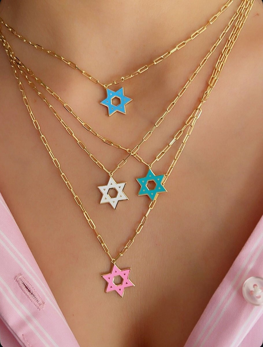 Enamel Star of David Necklace in 14k Yellow Gold Plated Sterling Silver 925, vibrant color for everyday Jewish pride