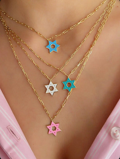 Enamel Star of David Necklace in 14k Yellow Gold Plated Sterling Silver 925, vibrant color for everyday Jewish pride