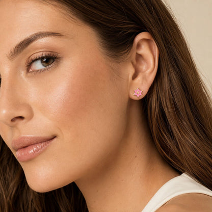 Star of David stud earrings in pink enamel with secure post-back closure by Alef Bet