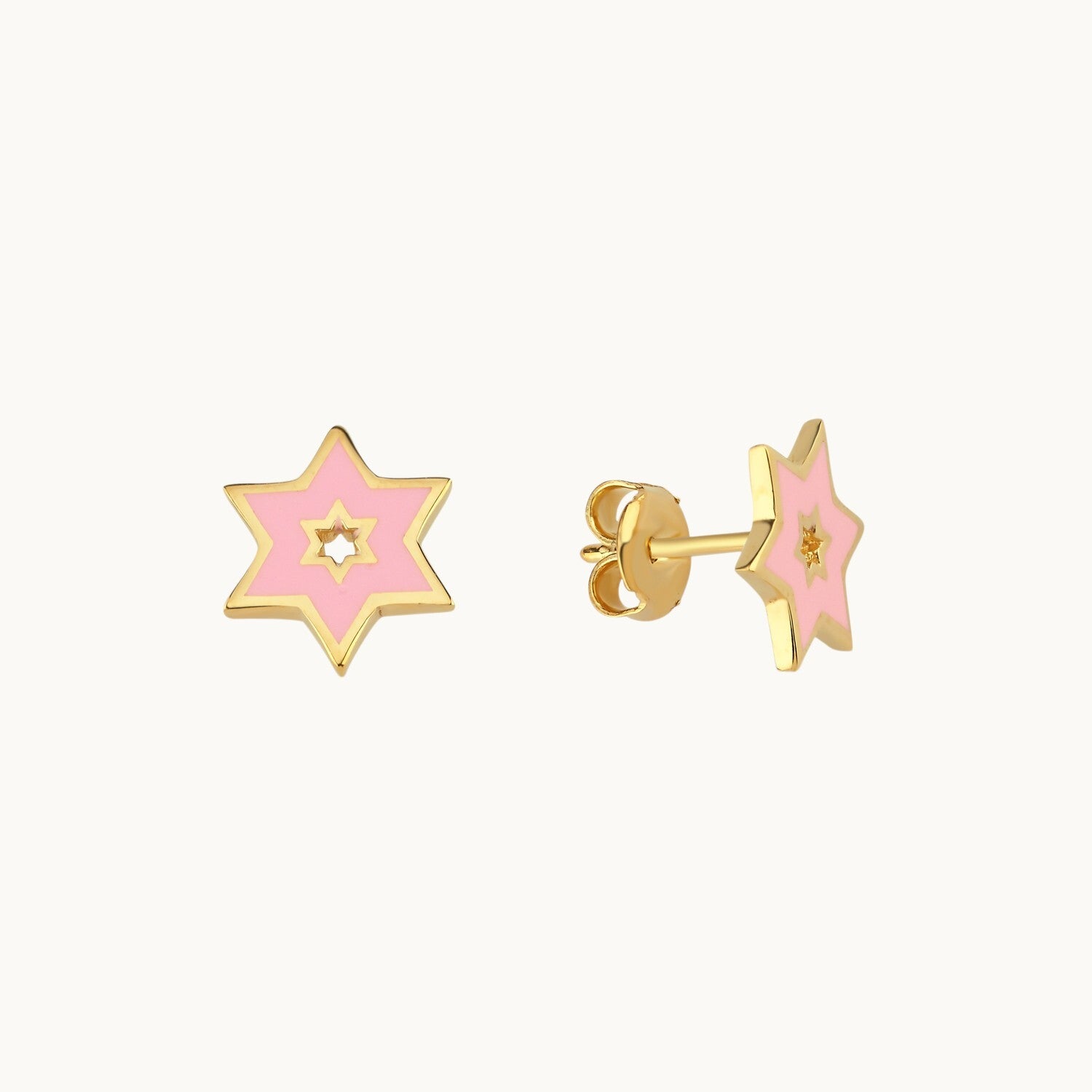Star of David enamel stud earrings in pink, navy, light blue, turqoise, and white by Alef Bet