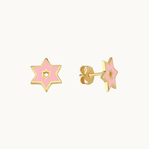 Star of David enamel stud earrings in pink, navy, light blue, turqoise, and white by Alef Bet