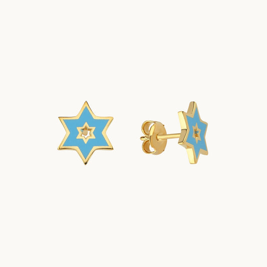 Star of David stud earrings in light blue with high-polish finish by Alef Bet