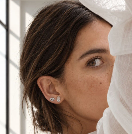 Evil Eye and Hamsa Diamond Earrings in Solid 14k White Gold, double protection you wear with pride