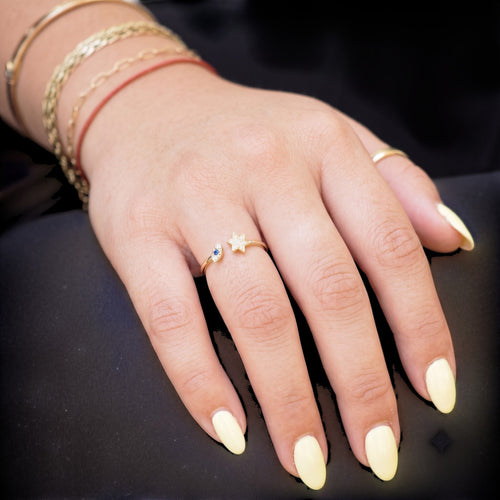 14k Gold Evil Eye and Star of David Diamond Ring