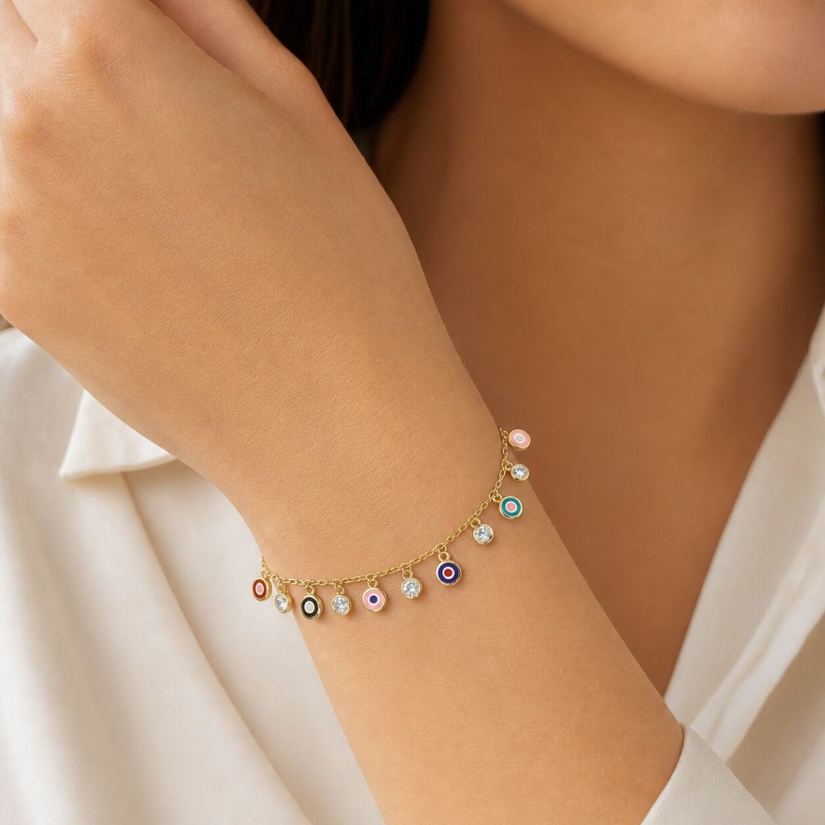 Evil Eye Anklet in 14k Gold Plated Sterling Silver 925, colorful enamel protection you wear from head to toe
