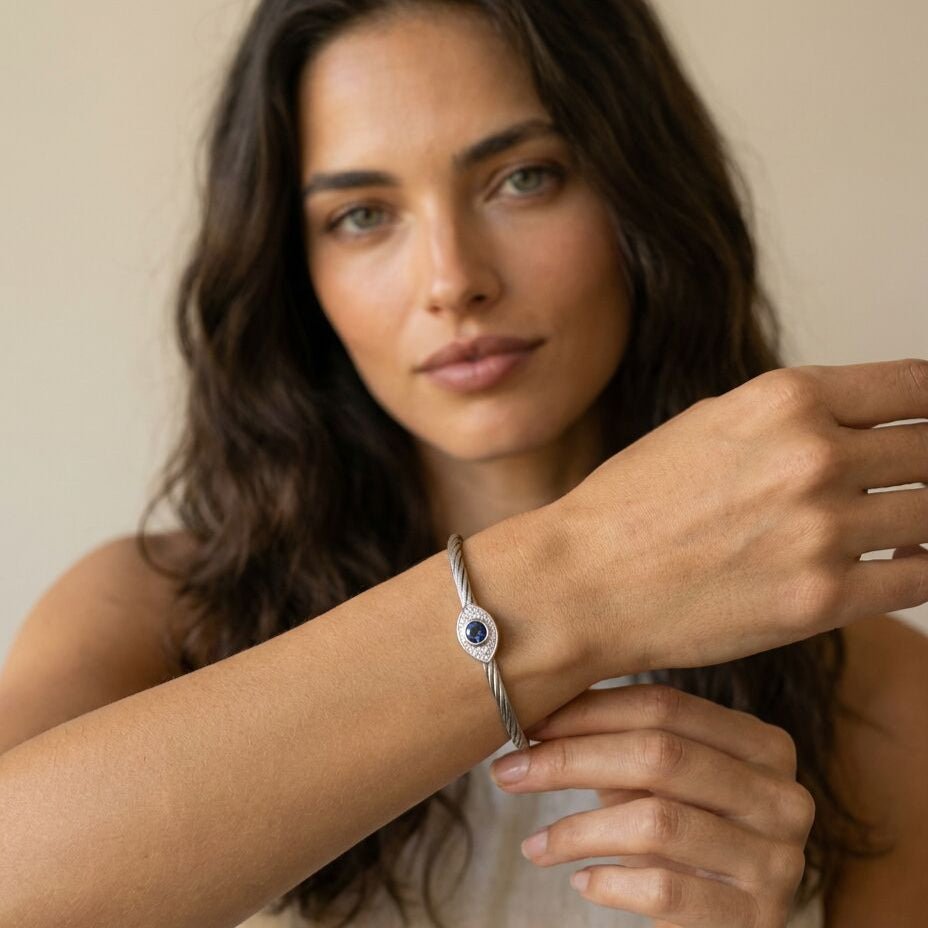 Evil Eye Bangle Bracelet With Sapphire and Diamonds