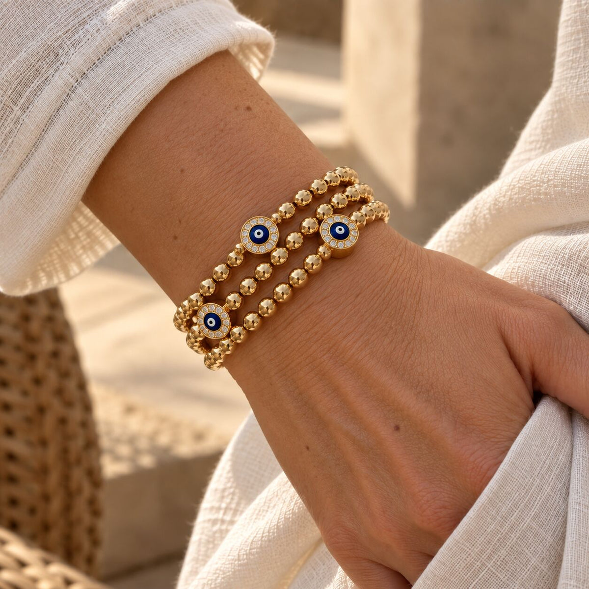 Red evil eye bracelet with 4mm beads and traditional eye protection symbol by Alef Bet