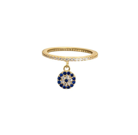 Pave CZ evil eye dangle ring in sterling silver with eternity band by Alef Bet
