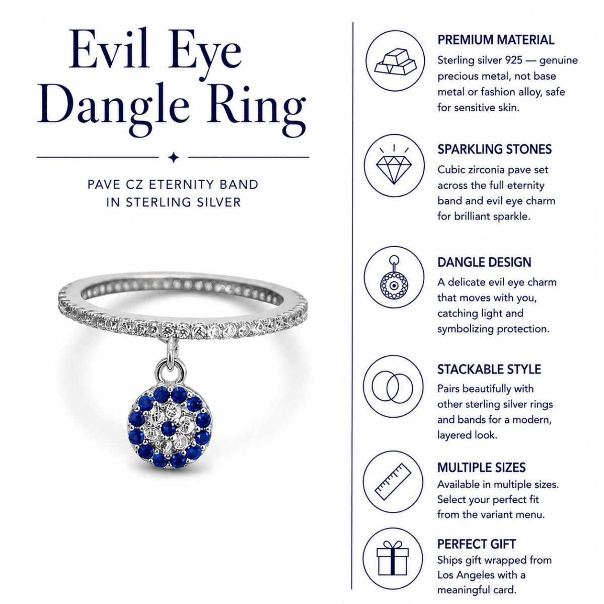 Evil Eye Dangle Ring — Pave CZ Eternity Band in Sterling Silver | Protection Jewelry