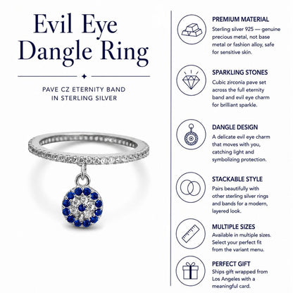 Evil Eye Dangle Ring — Pave CZ Eternity Band in Sterling Silver | Protection Jewelry