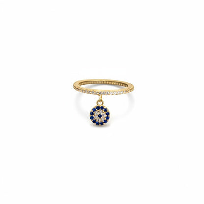 Evil Eye Dangle Ring — Pave CZ Eternity Band in Sterling Silver | Protection Jewelry