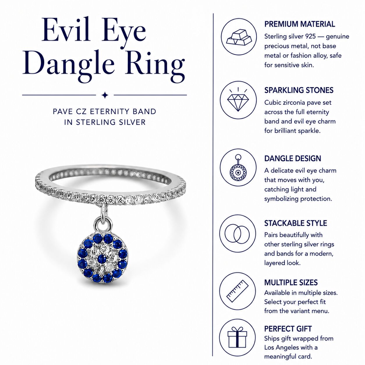 Sterling silver evil eye ring with pave-set CZ eternity band by Alef Bet