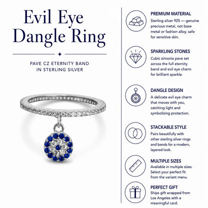 Sterling silver evil eye ring with pave-set CZ eternity band by Alef Bet