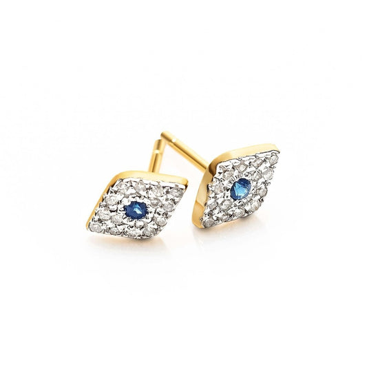 Evil Eye Diamond and CZ Stud Earrings in 14k Gold Plated Sterling Silver 925, protection made beautiful every day