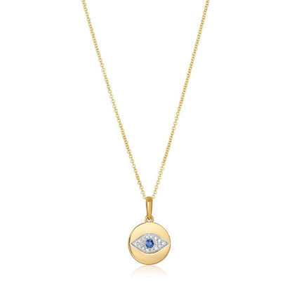 Evil eye pendant in 14k gold with pave diamonds and sapphire center by Alef Bet