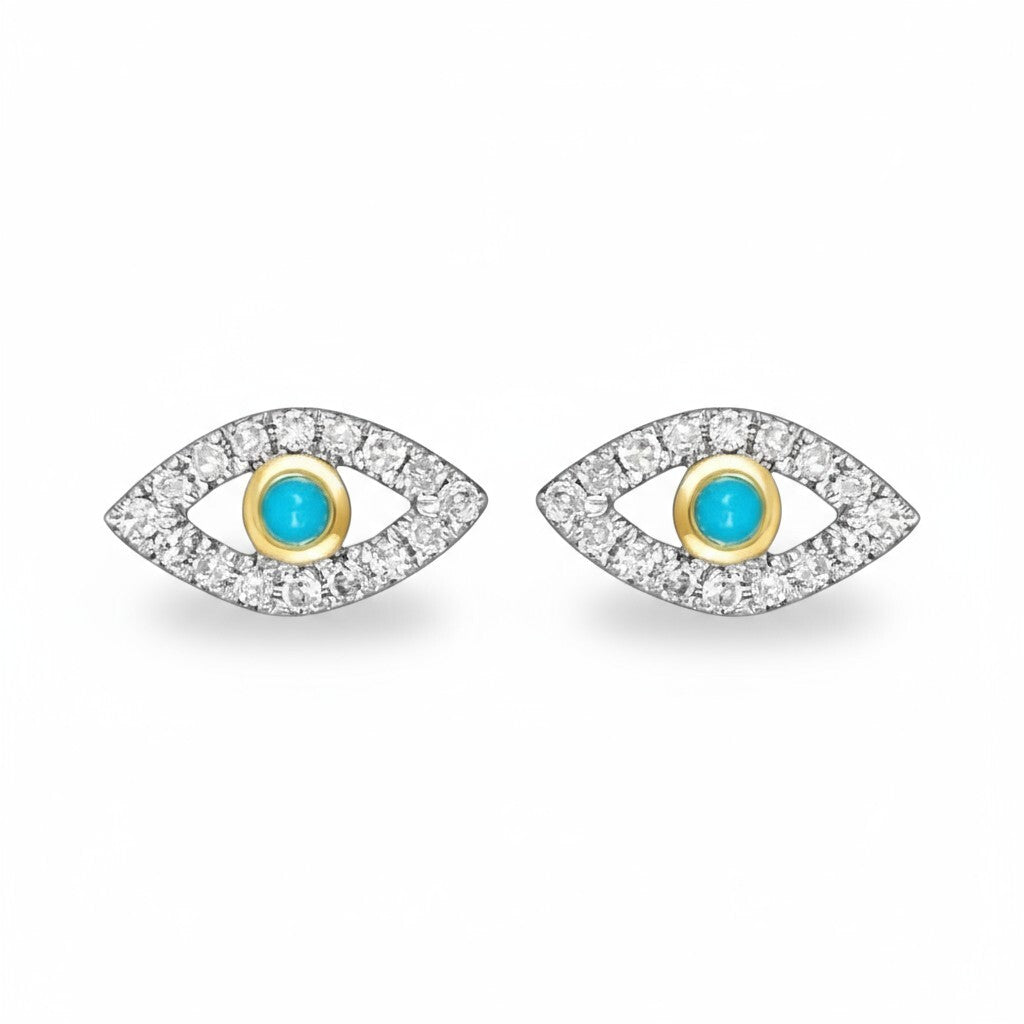 Evil Eye Diamond and Turquoise Earrings 14k Gold