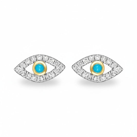 Evil Eye Diamond and Turquoise Earrings 14k Gold