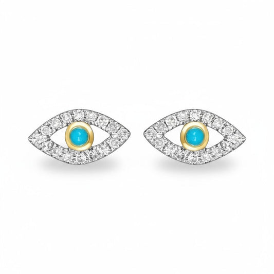 Evil Eye Diamond and Turquoise Earrings 14k Gold