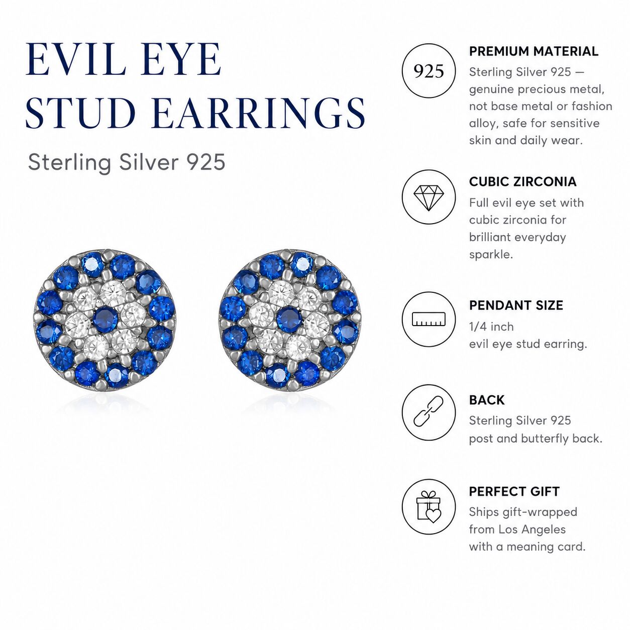 Evil eye earrings in sterling silver with traditional blue enamel by Alef Bet