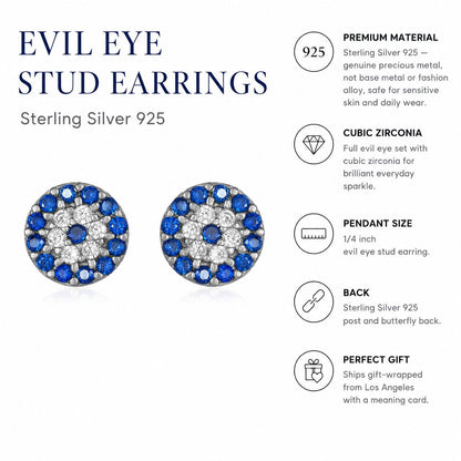 Evil eye earrings in sterling silver with traditional blue enamel by Alef Bet