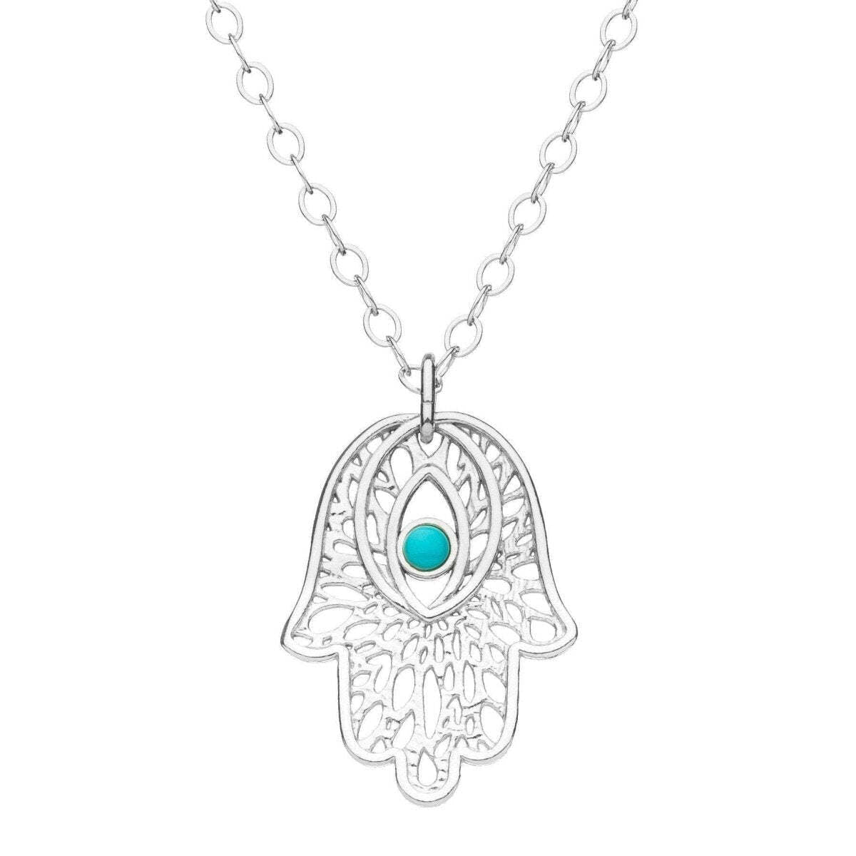 Filigree Hamsa Necklace in 14k Gold Plated Sterling Silver 925 with Genuine Turquoise, old world artistry meets protection symbol