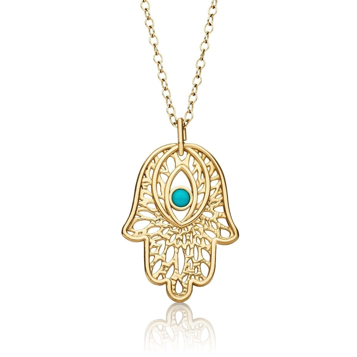 Filigree Hamsa Necklace in 14k Gold Plated Sterling Silver 925 with Genuine Turquoise, old world artistry meets protection symbol