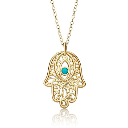 Filigree Hamsa Necklace in 14k Gold Plated Sterling Silver 925 with Genuine Turquoise, old world artistry meets protection symbol