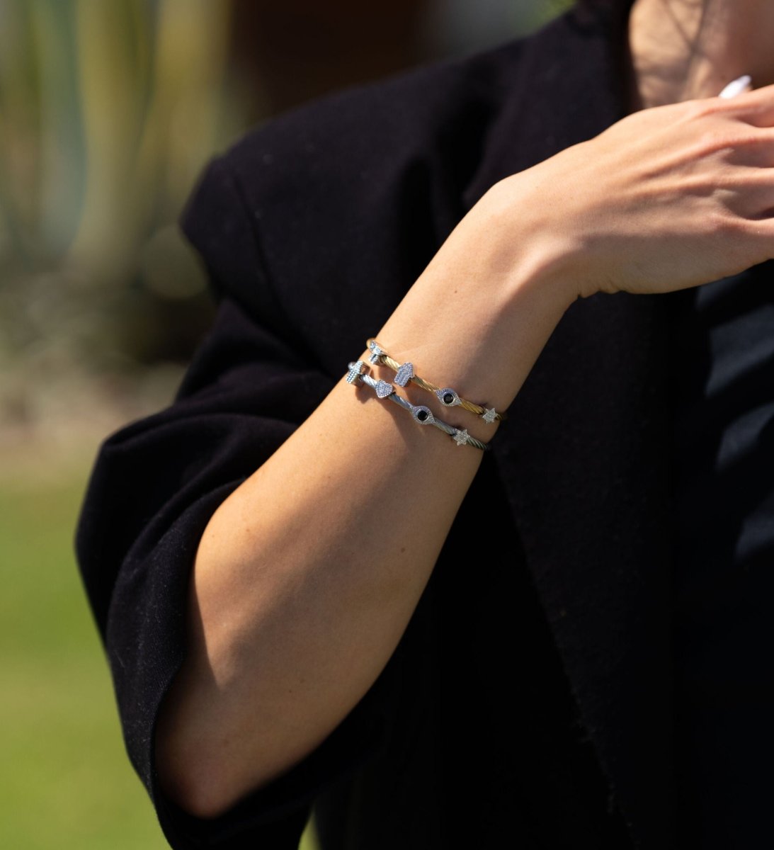 Four Blessings in One, the Hamsa and Evil Eye Multi Charm Bangle Bracelet