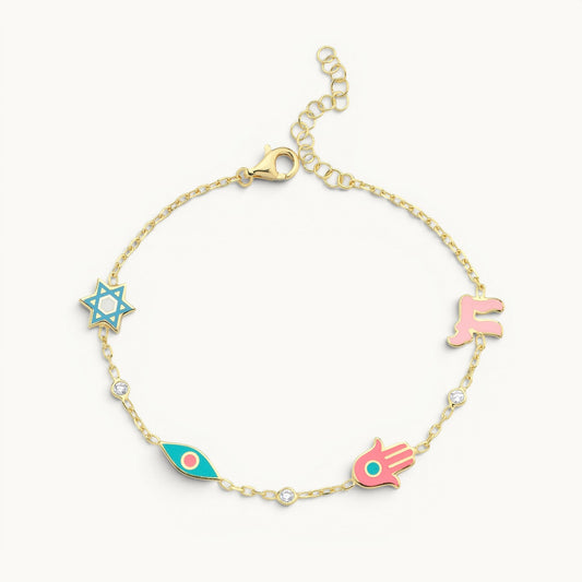 Four symbolic bracelet with chai, hamsa, evil eye, and star of David charms by Alef Bet