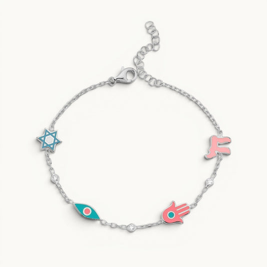 Sterling silver four symbolic bracelet with chai, hamsa, evil eye, and star of David charms by Alef Bet