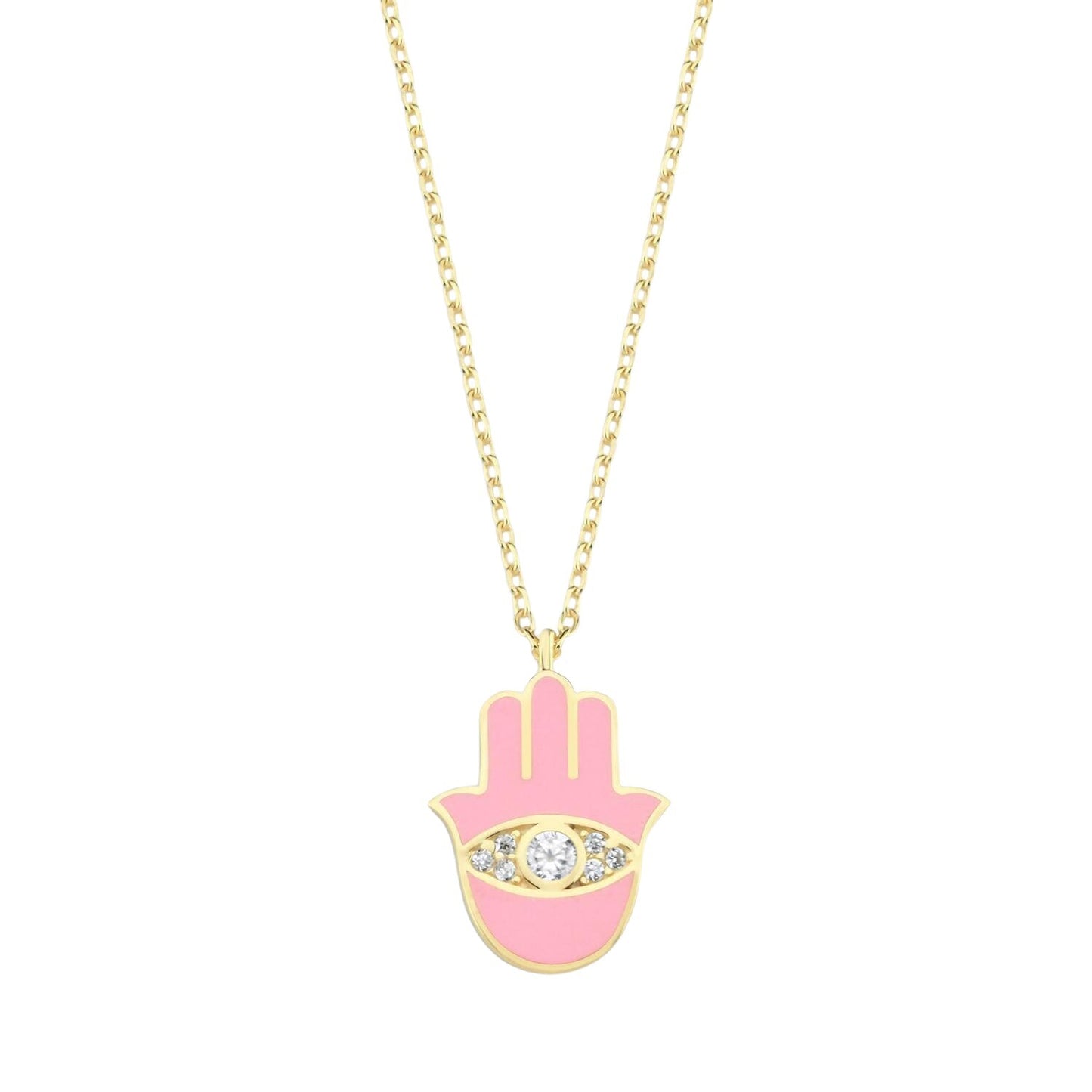 Gold Hamsa Necklace with Pink Enamel and CZ Sparkle