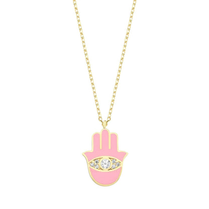 Gold Hamsa Necklace with Pink Enamel and CZ Sparkle
