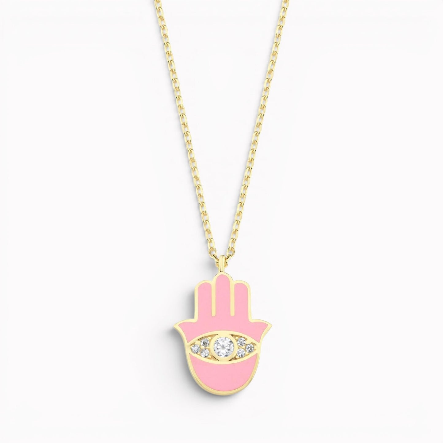 Gold plated hamsa necklace with pink enamel and pave-set sparkle by Alef Bet