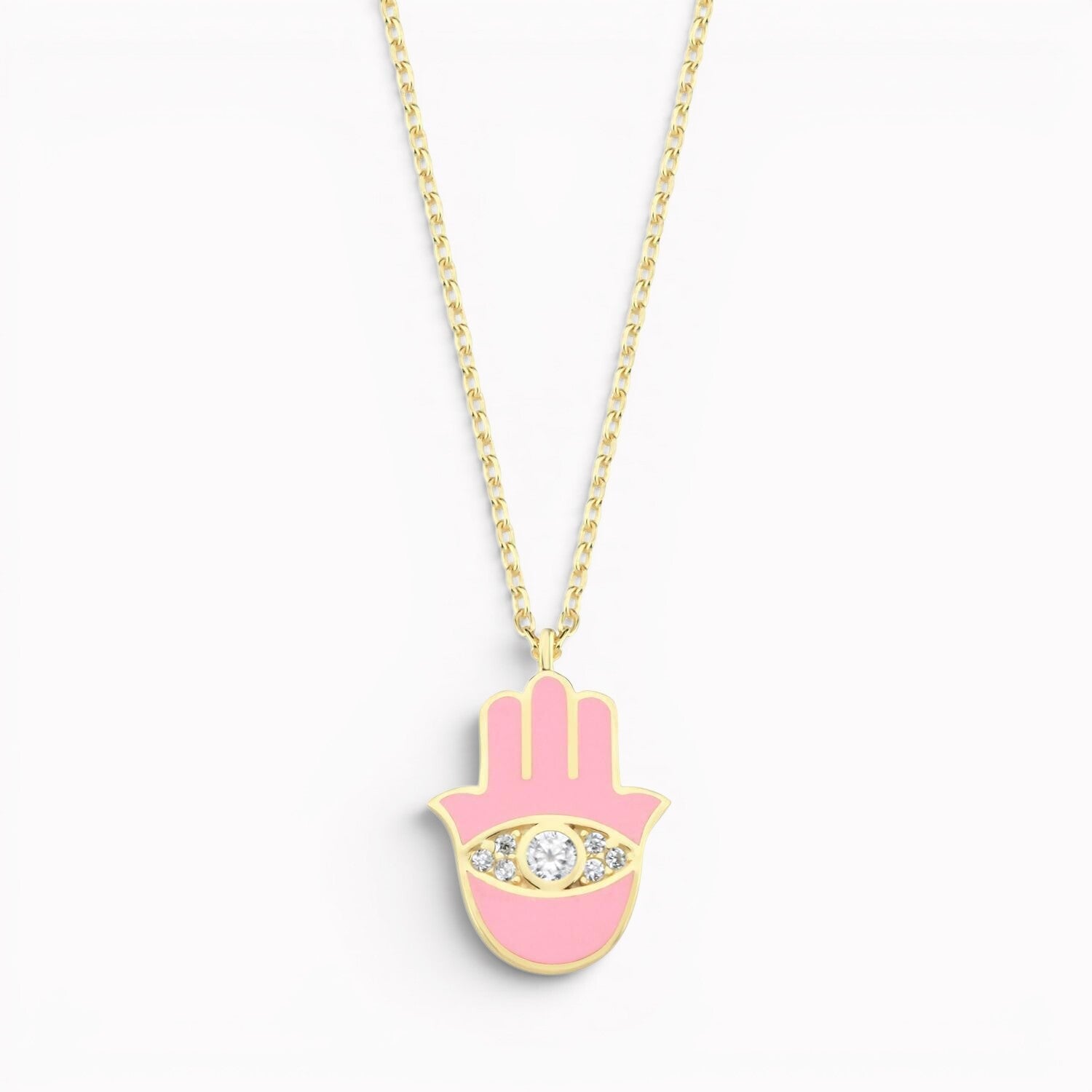 Gold plated hamsa necklace with pink enamel and pave-set sparkle by Alef Bet
