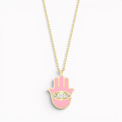 Gold plated hamsa necklace with pink enamel and pave-set sparkle by Alef Bet